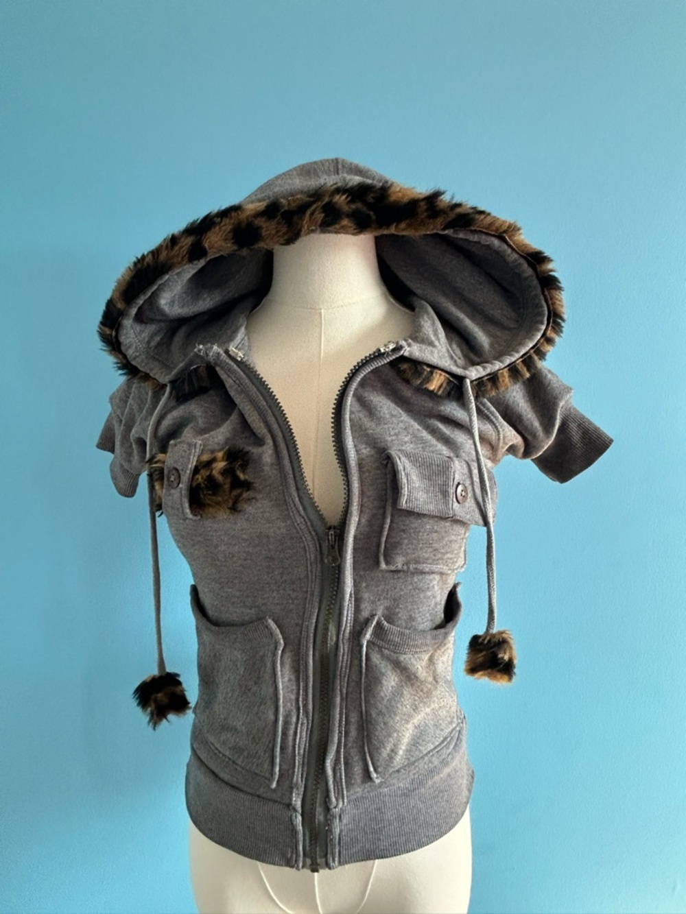 Uncycled George Gray Short-Sleeve Zip Hoodie with Faux Fur Trim